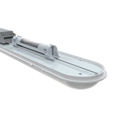 Nærbillede af Ansell Lighting Tornado Pro LED armatur med MWS sensor, der viser den hvide LED-lyskilde og koblingsboks.