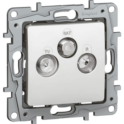 Legrand Niloé TV/R-SAT udtag i hvid, skærmet, med stik til TV, radio og satellit på grå monteringsramme.
