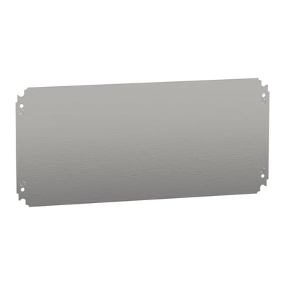 Schneider Electric galvaniseret montageplade i stål, 300 x 600 mm, med monteringshuller i hjørnerne, vist på hvid baggrund.