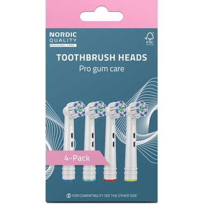 Nordic Quality Pro Gum Care tandbørstehoveder i 4-pak på emballage med moderne grafisk design og FSC-logo.