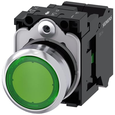 Siemens 22mm oplyst trykknap i metal med skinnende kromring og grøn front, 1NO kontakt og fjederklemme.