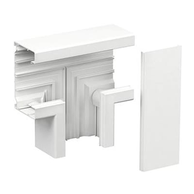 Schneider Electric INKA-TS123 T-stykke i hvid (RAL9016) med 72mm dimension, vist med komponenter samlet og separat.
