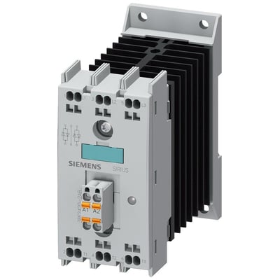 Siemens 3RF2 solid-state kontaktor, 3-faset, 20A, med køleplade og fjederklemmer til 230V styring.