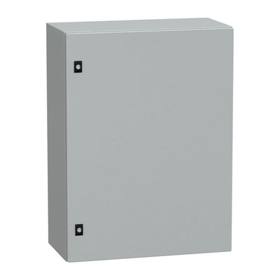 Lukket Schneider Electric CRN metal vægskab i størrelsen 800x600x300mm med RAL7035 farve og tydelige skrueløsninger på siden.