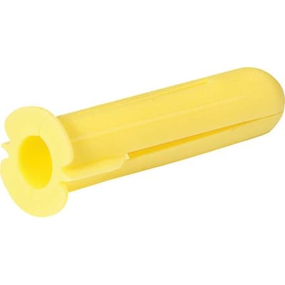 Gul plug i plast, 5,5 mm i diameter og 23 mm i længde, med en bred krave og slidser for bedre greb i materialer.