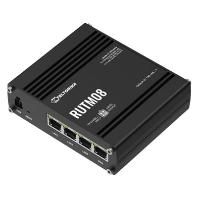Teltonika RUTM08 industriel kablet router i sort kabinet, set skråt forfra med fire Gigabit RJ45-porte.