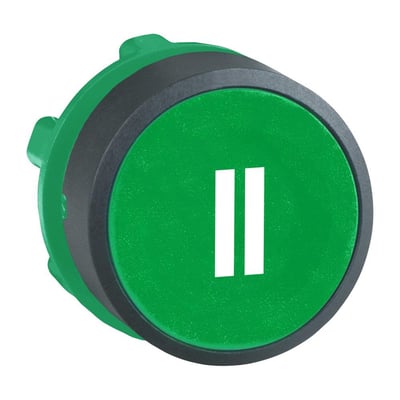 Frontvisning af Schneider Electric grøn trykknap med "II" symbol og mørkegrå kant.