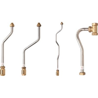 Fire forskellige Termix konverteringsrørsæt i rustfrit stål med messingfittings, designet til Termix Novi.