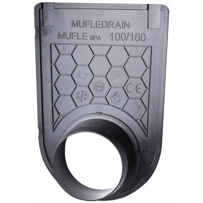 Mufle endevæg 100/160 lukket til render, vist forfra med 110 mm studs og CE-mærkning.