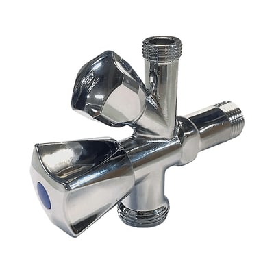 Forkromet dobbelt stopventil 1/2" x 3/8" x 3/4" med to greb og gevindtilslutninger.