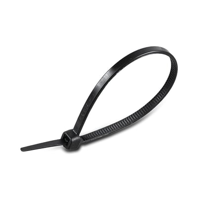 En enkelt sort V-TAC kabelbinder på 4,5 x 300 mm fremstillet af nylon 66, vist isoleret på hvid baggrund.