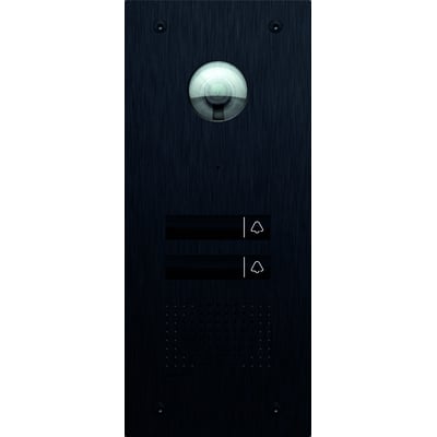 Niko videodørtelefon med 2 tryk, HD kamera og belyst display i børstet mørkeblå metal med to ringeklokkeikoner.