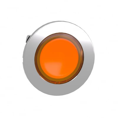 Schneider Electric lampetrykhoved ZB4F LED i orange med flush montage og kromdetaljer på hvid baggrund.