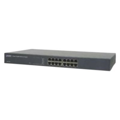Planet GSW-1601 16-ports netværksswitch i grå metal med synlige porte og statusindikatorer på hvid baggrund.
