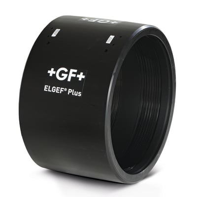 Georg Fischer ELGEF Plus el-muffe i sort PE100 med 355 mm diameter og SDR11, vist med logo på hvid baggrund.