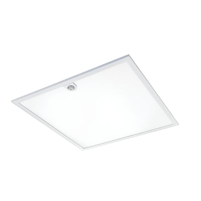 SG Armaturen Sense Pro LED-panel 600x600 mm i hvid med integreret PIR-sensor, vist fra en let vinkel mod hvid baggrund.