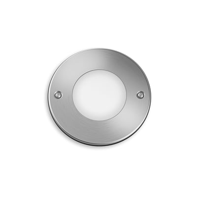 Philips Lighting Moss indbygningsspot i rustfrit stål, rund model med matteret glas og synlige skruer til montering.