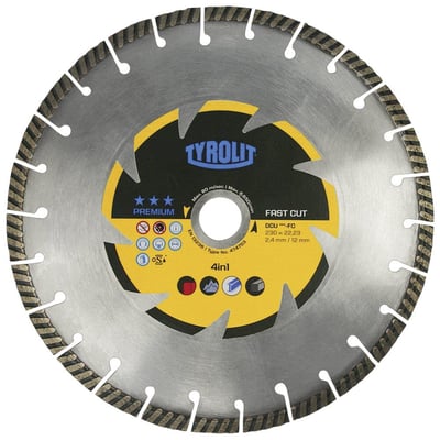 Bagside af Tyrolit DCU***-FC diamantklinge med specifikationer for "Fast Cut" og 4in1 universal anvendelse.