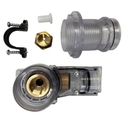 Enkel push box koblingsdåse i bronze og klar plast til 15 mm rør og 1/2" gevind, med medfølgende monteringsudstyr.