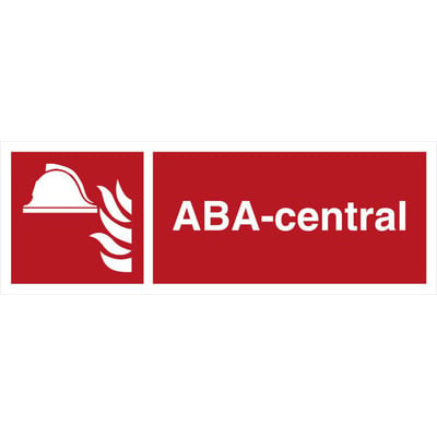 Brandskilt med symbol for brandmandshjelm og flammer samt teksten ABA-central i hvid på rød baggrund.