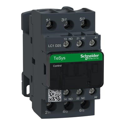 Schneider Electric TeSys D kontaktor 25A, 3P med 1NO+1NC, 120VAC spole. Detaljeret visning af terminaler og mærkning.