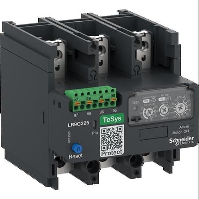 Schneider Electric TeSys Giga LR9G 115A termorelæ med fjederklemmer, viser frontpanelets knapper og indstillinger.