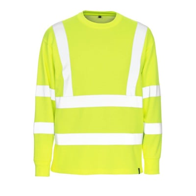 Bagfra af Mascot Melita sweatshirt i gul, XL, med reflekser og forlænget ryg samt slids i siderne.