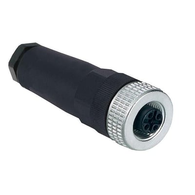 Lige 5-polet M12-hunstik fra Telemecanique Sensors, model XZCC12FDM50BJ, med sort hus og sølvfarvet ring.