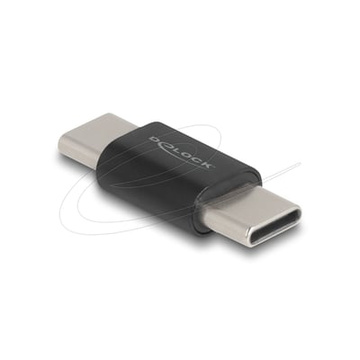 DeLock USB-C-adapter med hanstik i begge ender og angivet hastighed på 10 Gbps, vist skråt med sort hus.