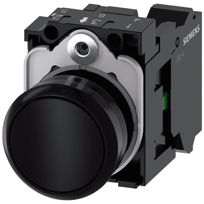 Siemens 22mm rund trykknap i sort plast med 1 sluttefunktion (NO) og fjederklemme, vist fra siden.