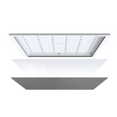 Ansell Lighting Pace Plus LED panel, 595x595mm, med indbygget driver og 4000K lysfarve, vist med afmonteret diffusor.