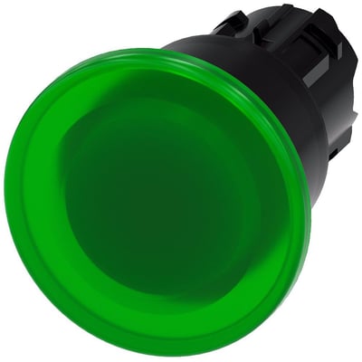 Siemens oplyst paddehattrykknap i grøn ru plast med 22 mm diameter og 40 mm lås, isoleret på hvid baggrund.