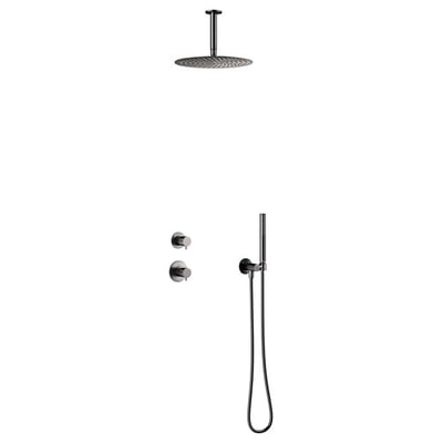 Damixa Iris termostatbatteri til indbygning, børstet grafit grå messing med rund hovedbruser og stick håndbruser.