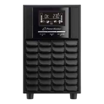 PowerWalker VI 3000 CW UPS på 3000 VA / 2100 W set forfra med display og batteridæksel.