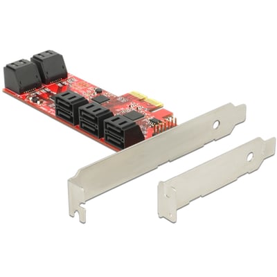 DeLOCK PCI Express x2-kontrollerkort med 10 SATA-stik på rødt printkort samt standard- og lavprofilsdækplade.