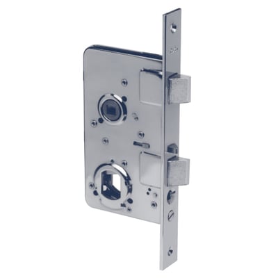 ASSA ABLOY 245-låsekasse til venstre dør, blankforniklet, set skråt forfra med stolpe, falle og rigel.
