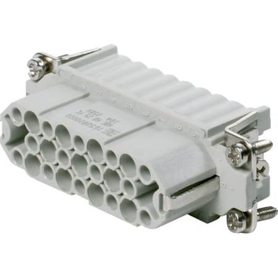 Weidmüller HDC industristik hun-indsats med 25 poler og jord, klar til crimp-ben, vist på hvid baggrund.