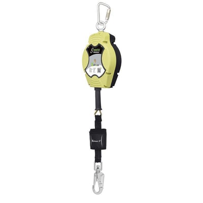 KRATOS Olympe faldblok med 15 m galvaniseret stålwire, fremstillet af robust polymer i gul og sort med bærehåndtag og svirvel.