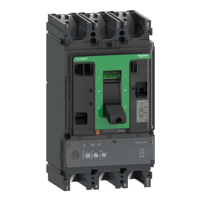 Detalje af Schneider Electric ComPacT NSX630H maksimalafbryder, fokus på frontpanelet med MicroLogic 2.3 M mærkat og afbryderhåndtag i OFF position.
