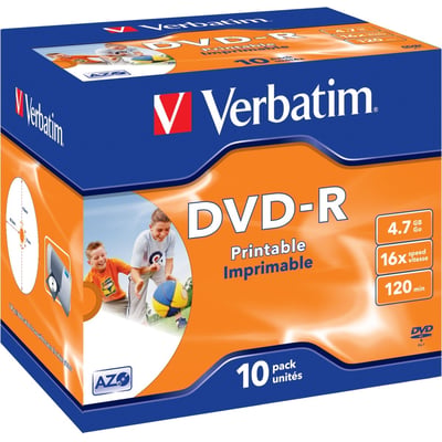 Emballagen til Verbatim DVD-R-medier med orange og blå design, printbar overflade, 4,7 GB kapacitet og 16x hastighed.