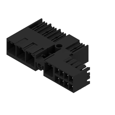 Weidmüller hybridstik til printkort med fire poler og 90° vinkel, set skråt ovenfra med tilslutningsåbninger synlige.