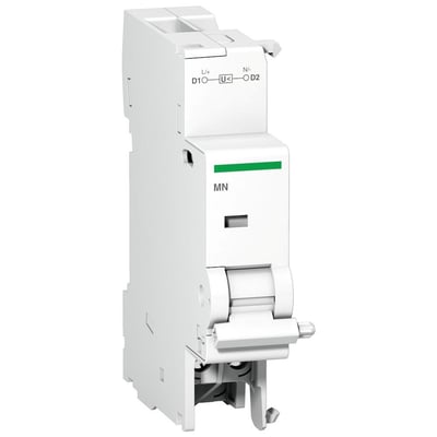 Schneider Electric underspændingsspole MN 115VAC i hvidt plast med grøn markering og mærkning.