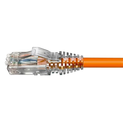 CommScope KAT.6 U/UTP LSZH patchkabel på 10m i orange med transparent RJ45 stik og aflastnings tyld.