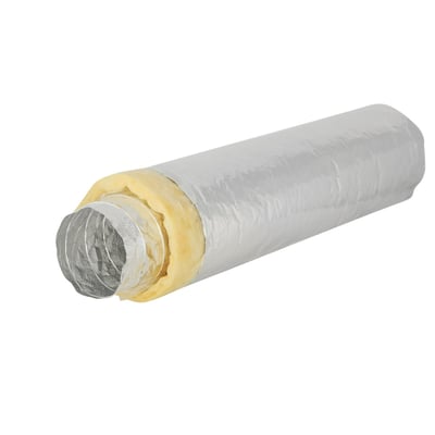 SONO25 lydslange med perforeret inderkanal i aluminium/polyester. Den er isoleret med glasuld og har en ydre kappe af aluminiums-laminat.
