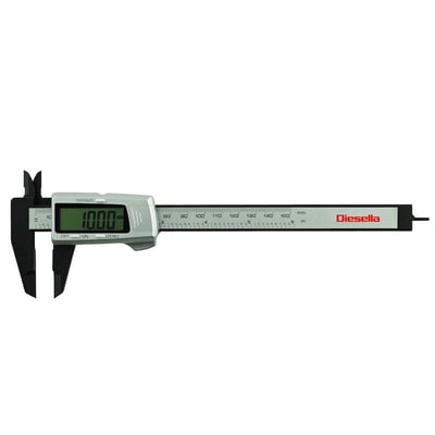 Diesella digital skydelære i carbon fiber med et måleområde på 0-150 mm og 0,01 mm præcision.