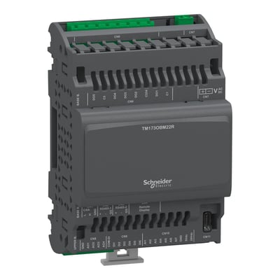 Schneider Electric Modicon TM1730BM22R logisk kontroller med 22 I/O og Modbus, fremvist fra siden med tydelige tilslutningsmuligheder.