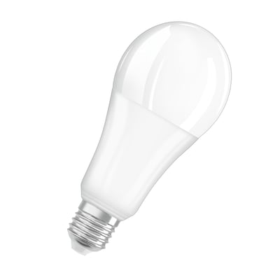 Enkel Osram LED standard mat pære set fra siden med E27 fatning på hvid baggrund.