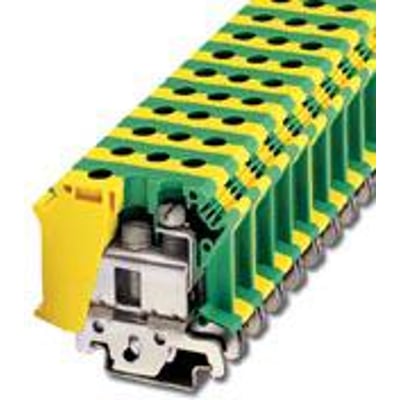 Phoenix Contact UISLKG 35 jordklemme i grøn/gul, med synlig skruetilslutning og 15 mm bredde monteret på skinne.