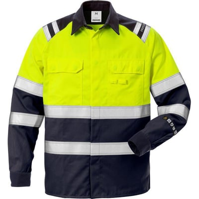 Forsiden af Kansas Flame HiVis skjorte 124309, gul/marine, med to brystlommer, skjulte trykknapper og refleksdetaljer.