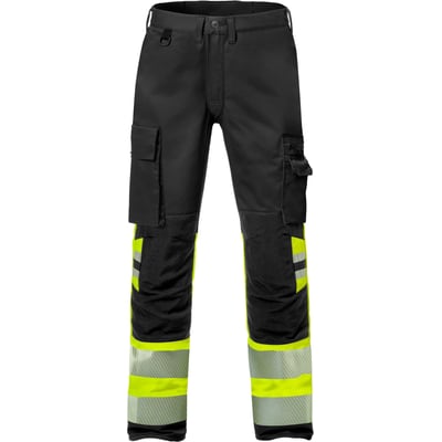 Kansas stretch bukser i hi-vis gul/sort, str. C48, med flere praktiske lommer og reflekser.